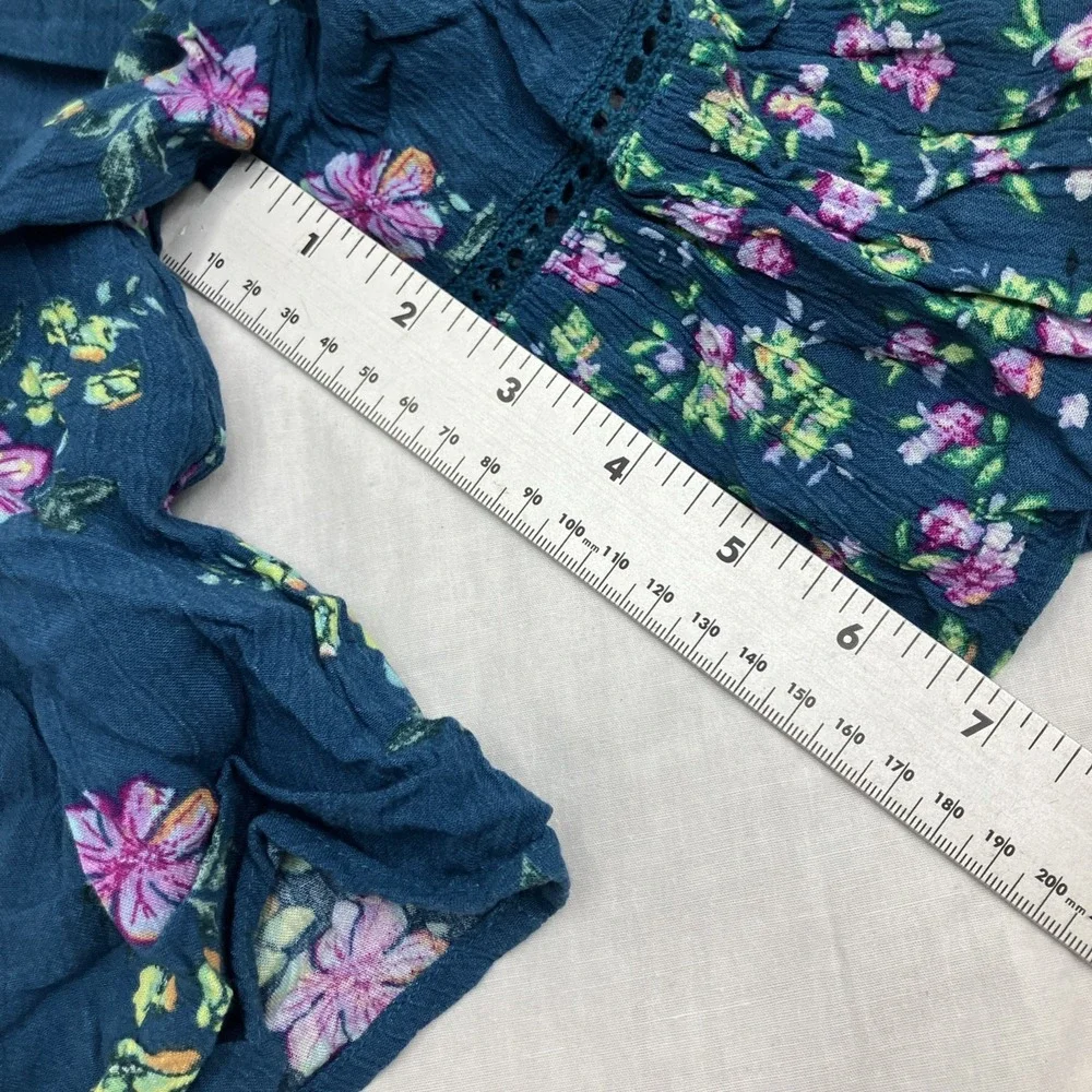 Justice Shirt Girls M/10 Teal Floral Long Sleeve Crochet Peasant Top Boho